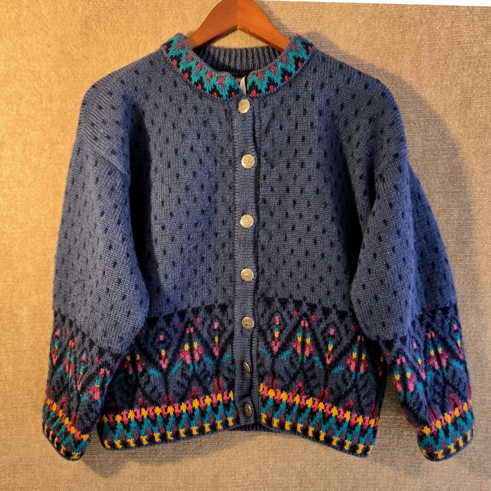 Dale of Norway Women Blue Pure New Wool Fair Isle Pewter Button Cardigan Size L